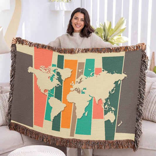 Mid-Century World Map Woven Blanket | Cozy throw for travel lovers