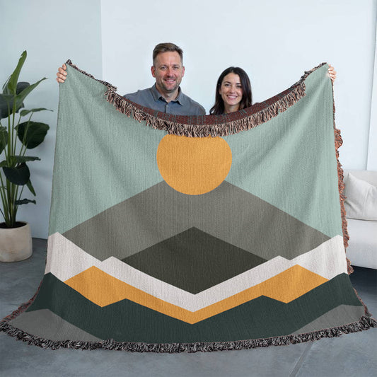 Geometric Mountains and Sun Woven Blanket