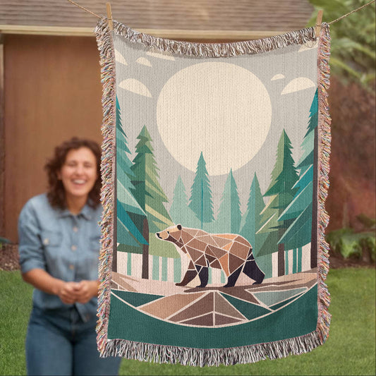Wilderness Bear Geometric Forest Woven Blanket | Cozy Throw for Nature and Adventure Lovers