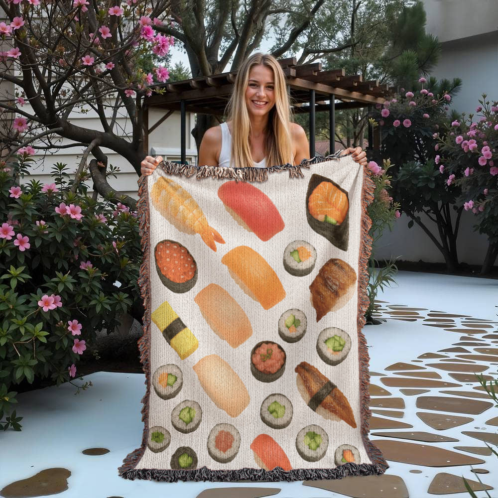 Sushi Assortment Woven Blanket | Cozy throw for foodies and sushi lovers
