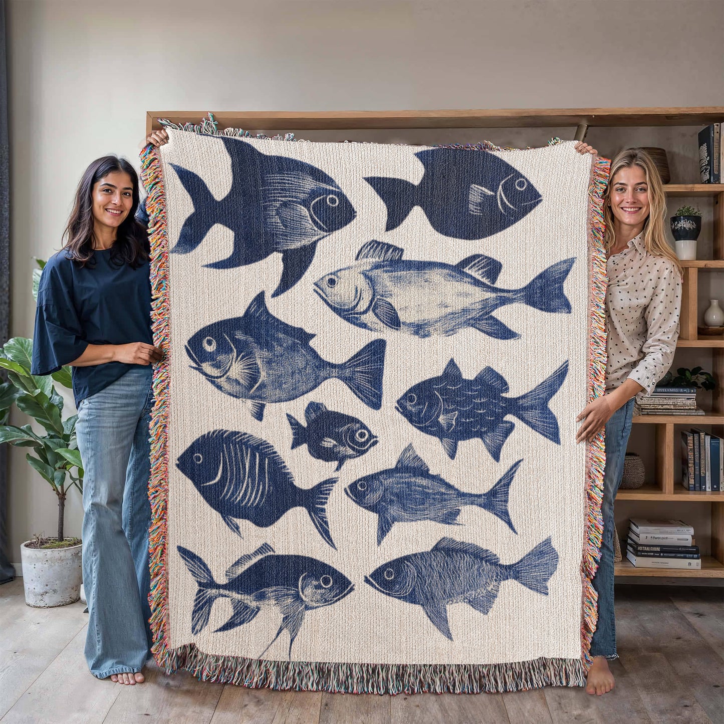 Blue Fish Woven Blanket | Comfy throw for lake life