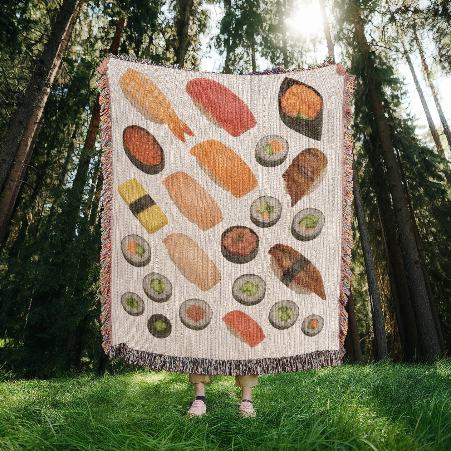 Sushi Assortment Woven Blanket | Cozy throw for foodies and sushi lovers