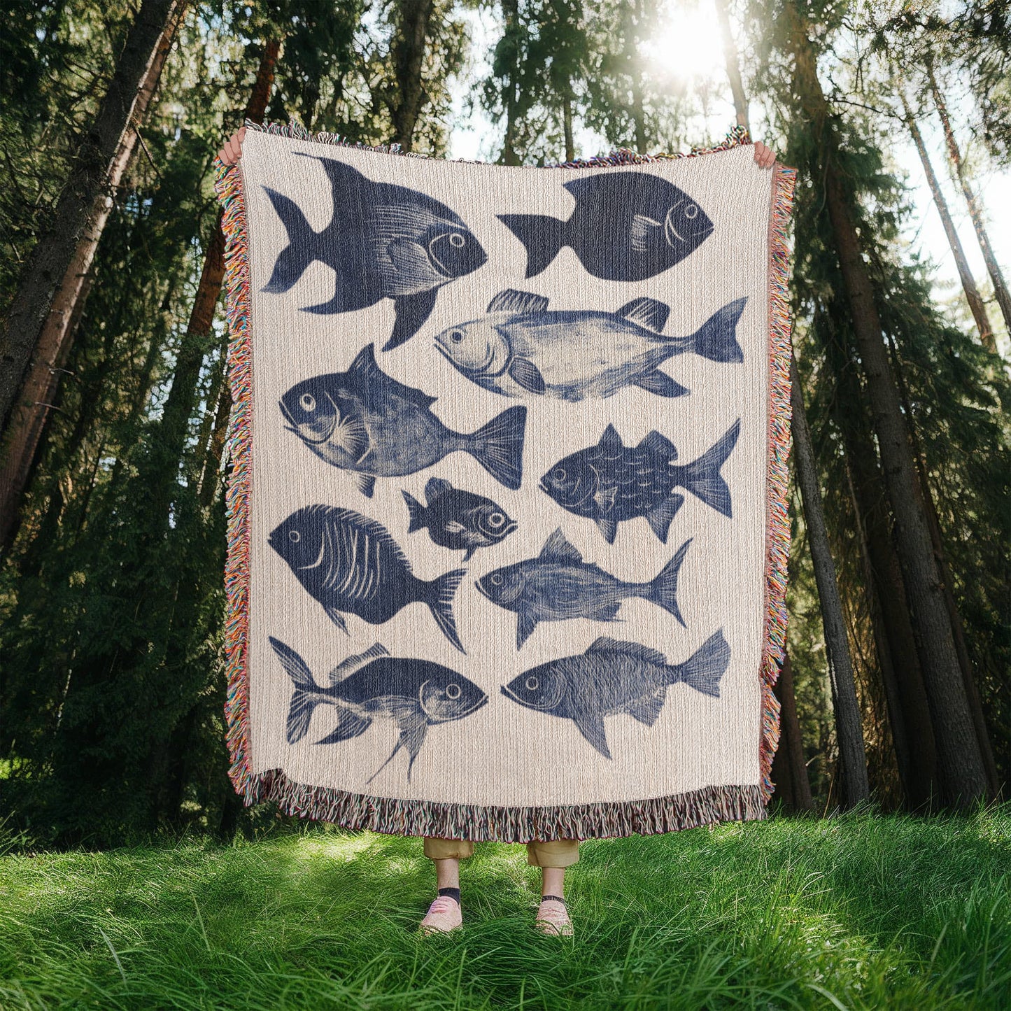 Blue Fish Woven Blanket | Comfy throw for lake life