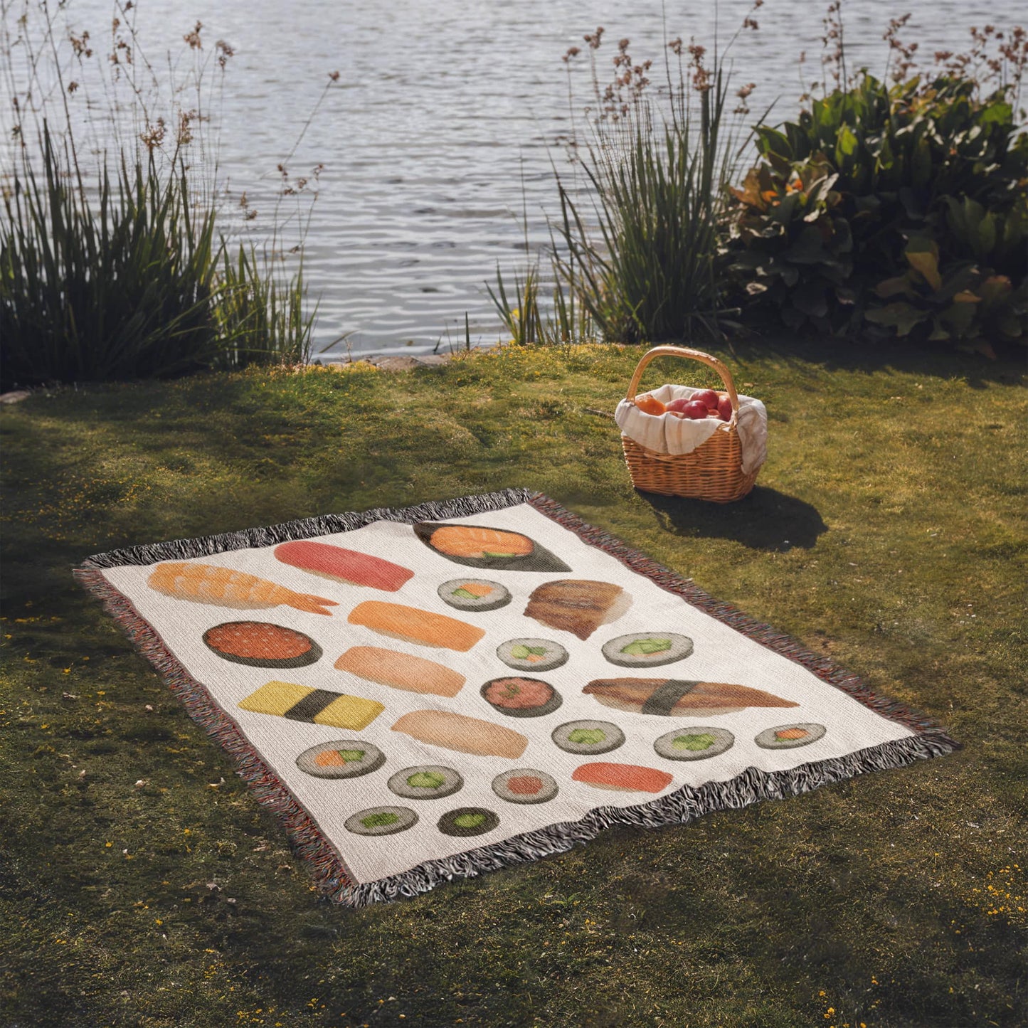 Sushi Assortment Woven Blanket | Cozy throw for foodies and sushi lovers