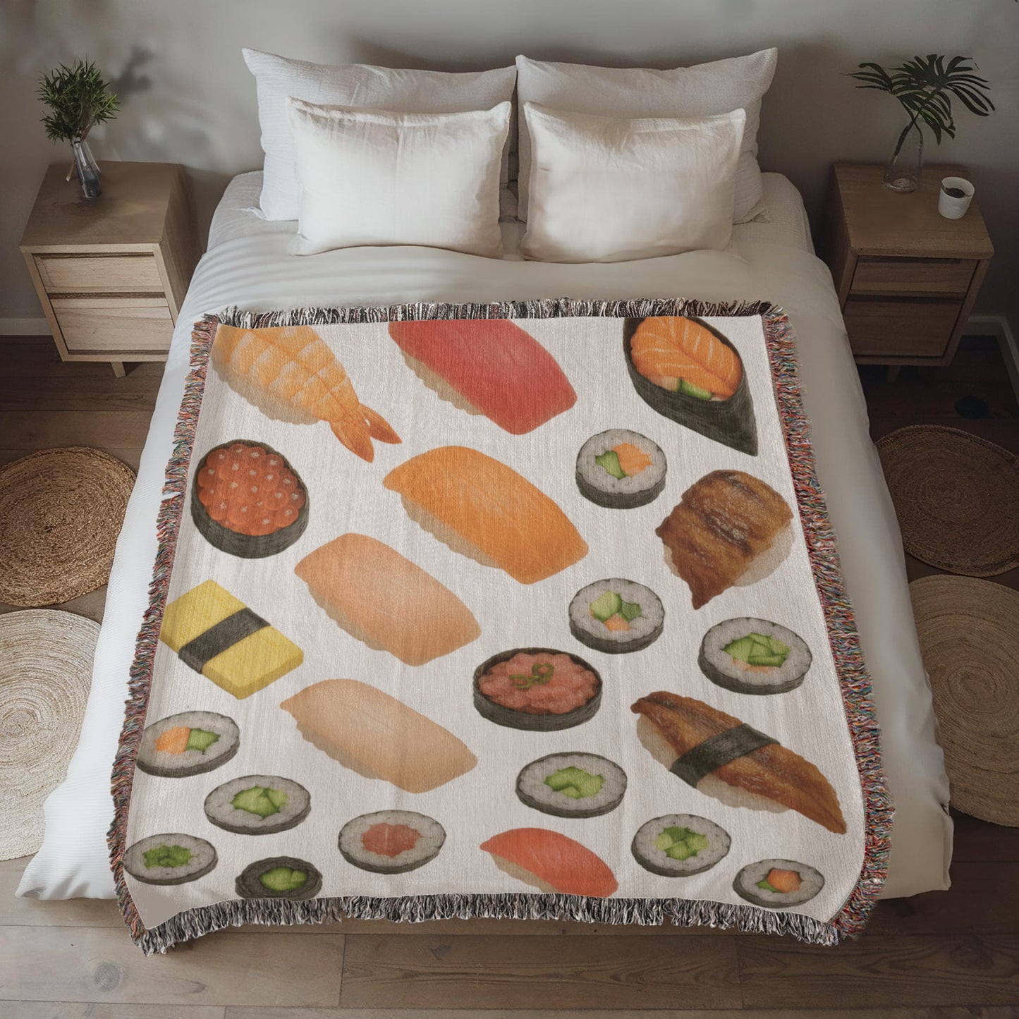 Sushi Assortment Woven Blanket | Cozy throw for foodies and sushi lovers
