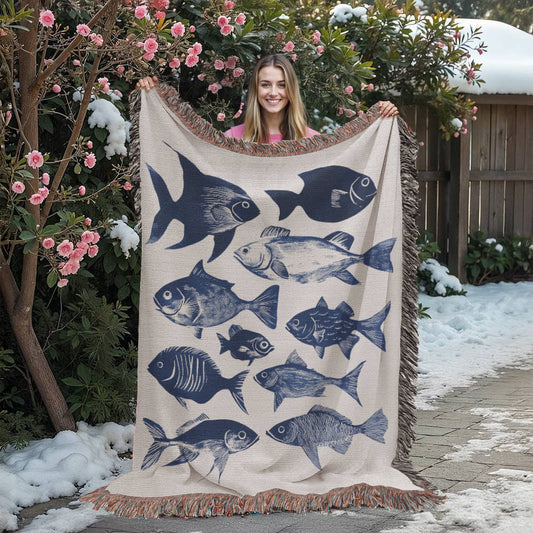 Blue Fish Woven Blanket | Comfy throw for lake life
