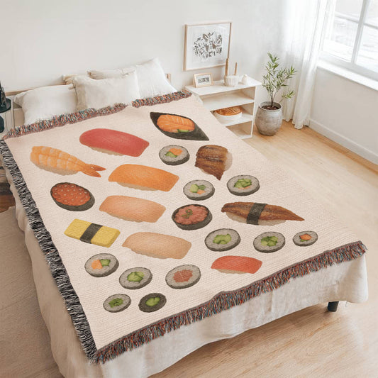 Sushi Assortment Woven Blanket | Cozy throw for foodies and sushi lovers