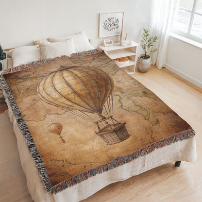 Vintage Hot Air Balloon Woven Blanket | Comfy throw for travel and adventure