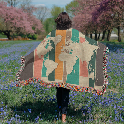 Mid-Century World Map Woven Blanket | Cozy throw for travel lovers