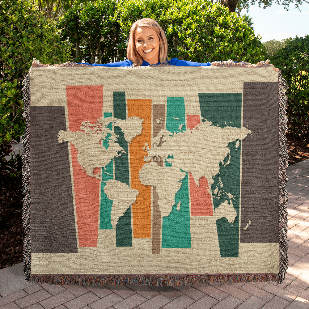 Mid-Century World Map Woven Blanket | Cozy throw for travel lovers