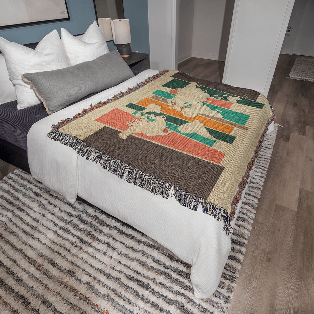 Mid-Century World Map Woven Blanket | Cozy throw for travel lovers