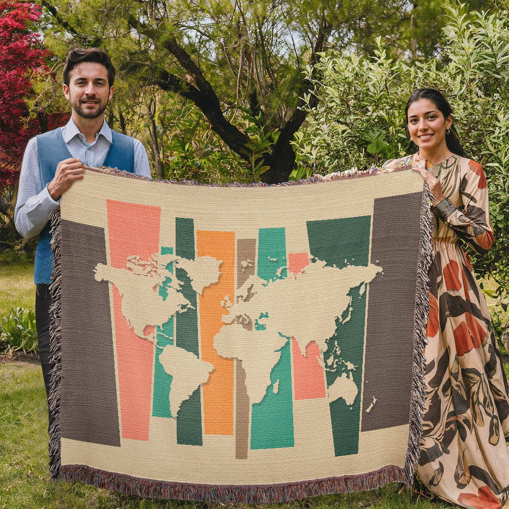 Mid-Century World Map Woven Blanket | Cozy throw for travel lovers