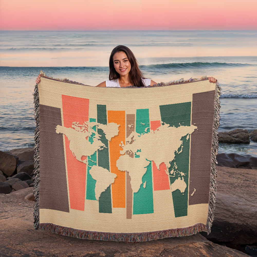 Mid-Century World Map Woven Blanket | Cozy throw for travel lovers