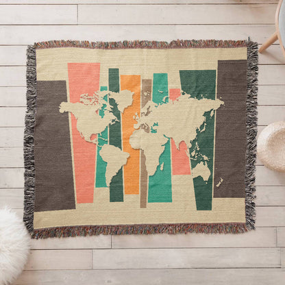 Mid-Century World Map Woven Blanket | Cozy throw for travel lovers