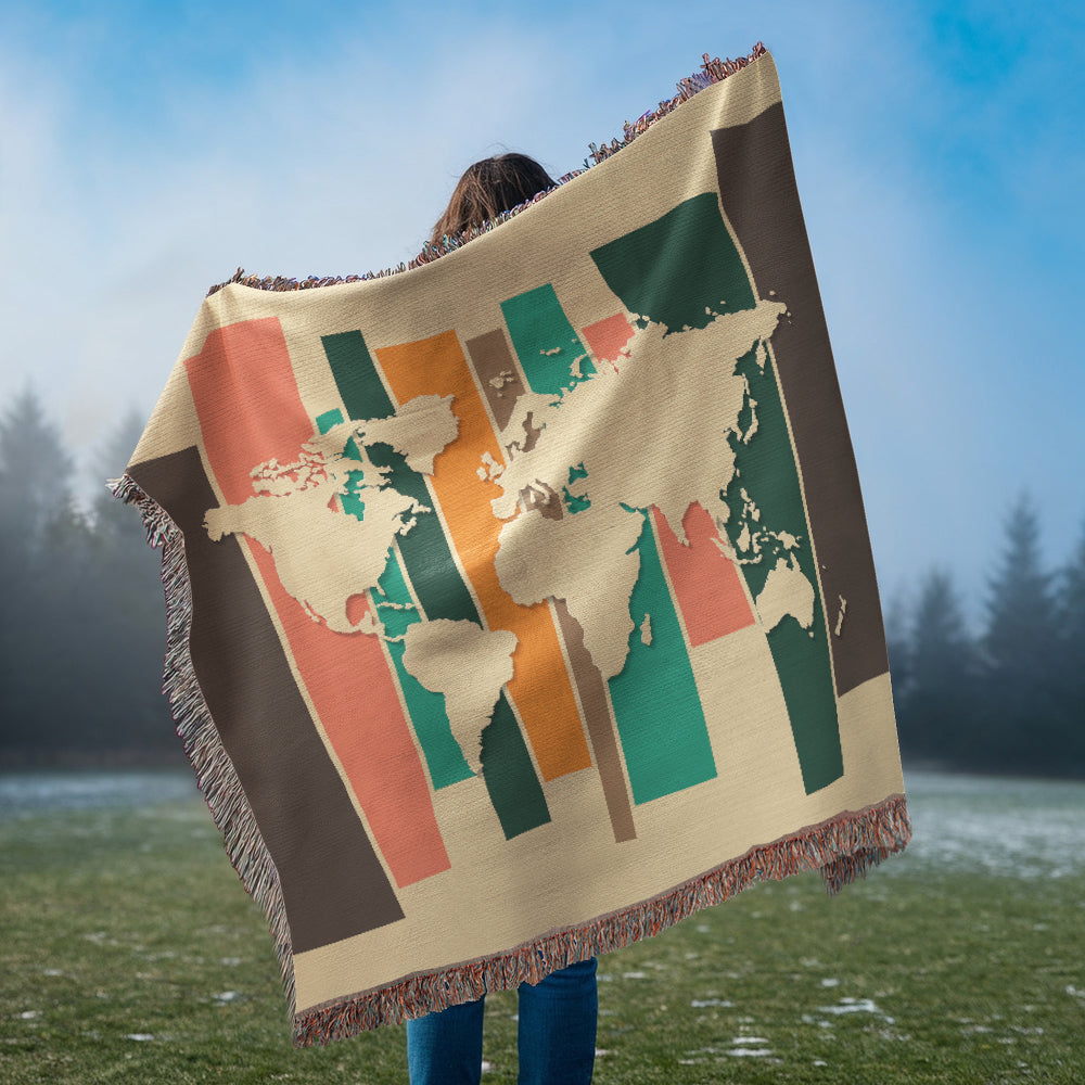 Mid-Century World Map Woven Blanket | Cozy throw for travel lovers