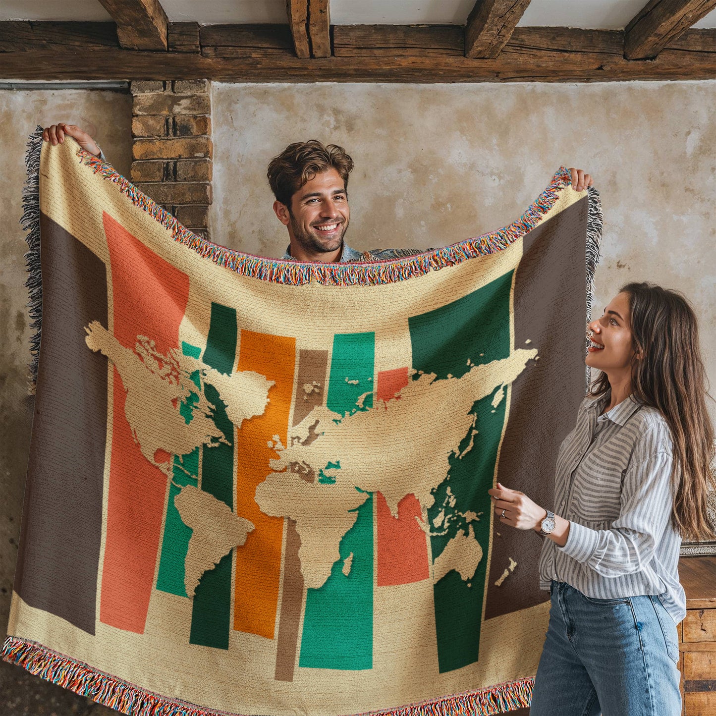 Mid-Century World Map Woven Blanket | Cozy throw for travel lovers