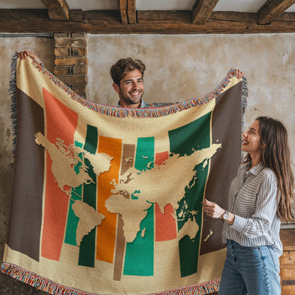 Mid-Century World Map Woven Blanket | Cozy throw for travel lovers