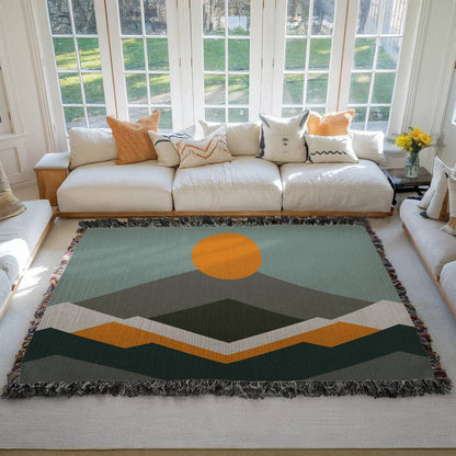 Geometric Mountains and Sun Woven Blanket