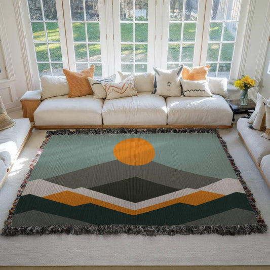 Geometric Mountains and Sun Woven Blanket