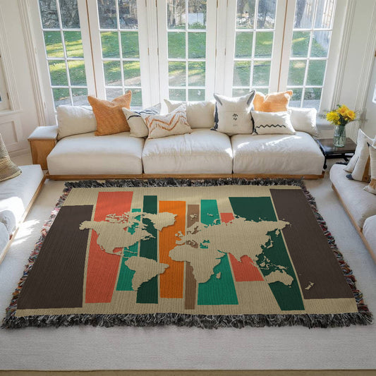 Mid-Century World Map Woven Blanket | Cozy throw for travel lovers