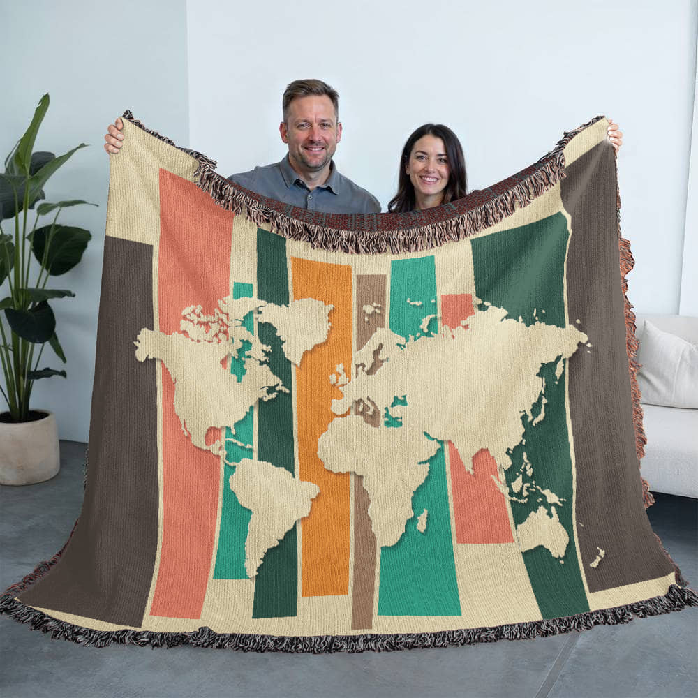 Mid-Century World Map Woven Blanket | Cozy throw for travel lovers