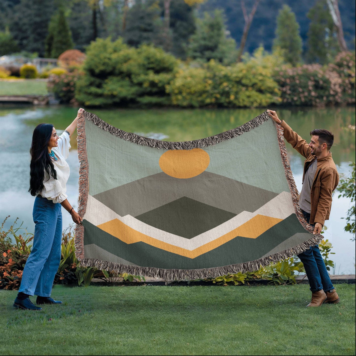 Geometric Mountains and Sun Woven Blanket