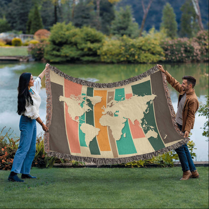 Mid-Century World Map Woven Blanket | Cozy throw for travel lovers