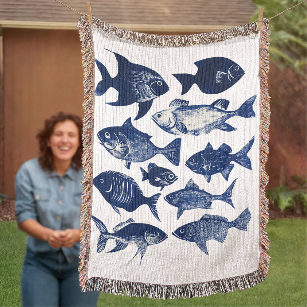 Blue Fish  Woven Blanket | Comfy throw for lake life