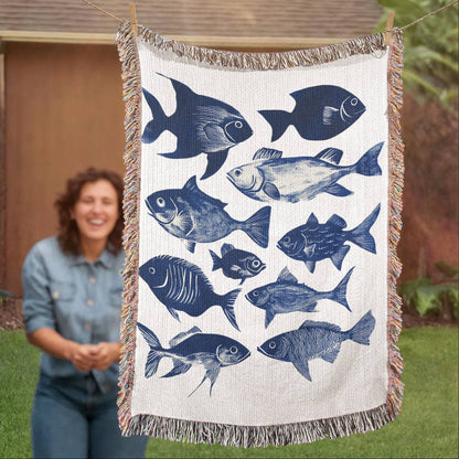 Blue Fish  Woven Blanket | Comfy throw for lake life