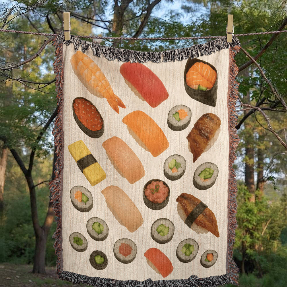 Sushi Assortment Woven Blanket | Cozy throw for foodies and sushi lovers