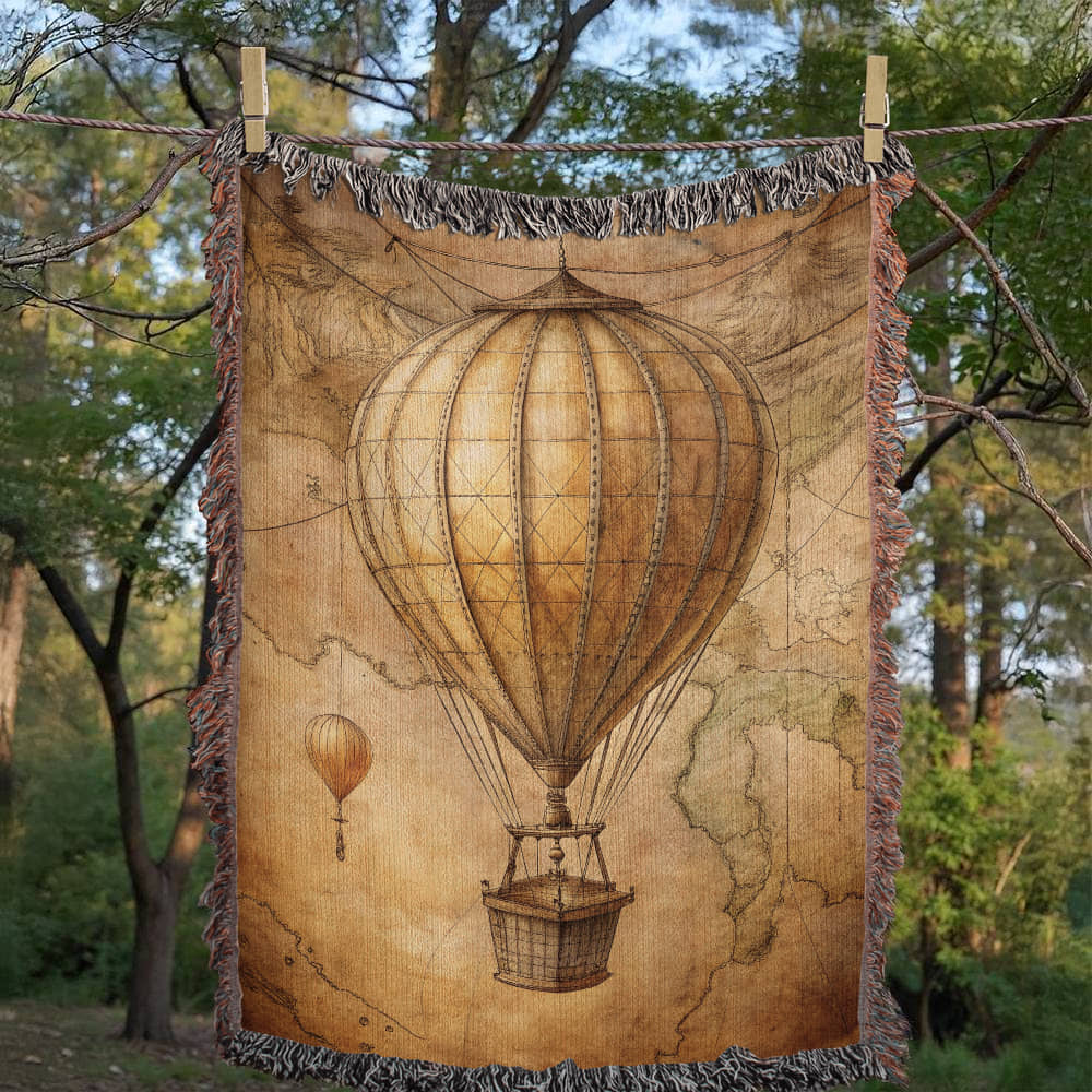 Vintage Hot Air Balloon Woven Blanket | Comfy throw for travel and adventure