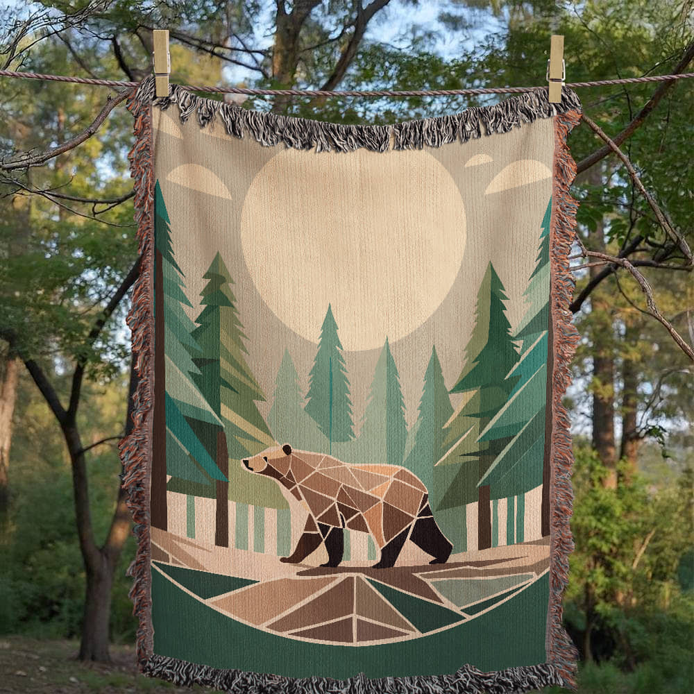Wilderness Bear Geometric Forest Woven Blanket | Cozy Throw for Nature and Adventure Lovers