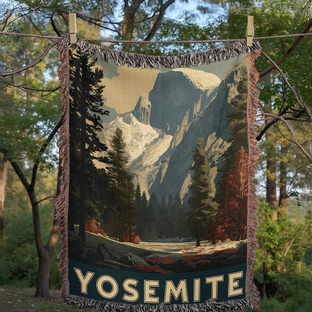 Yosemite National Park Half Dome WPA Style Woven Blanket | Cozy Throw for Cool Days