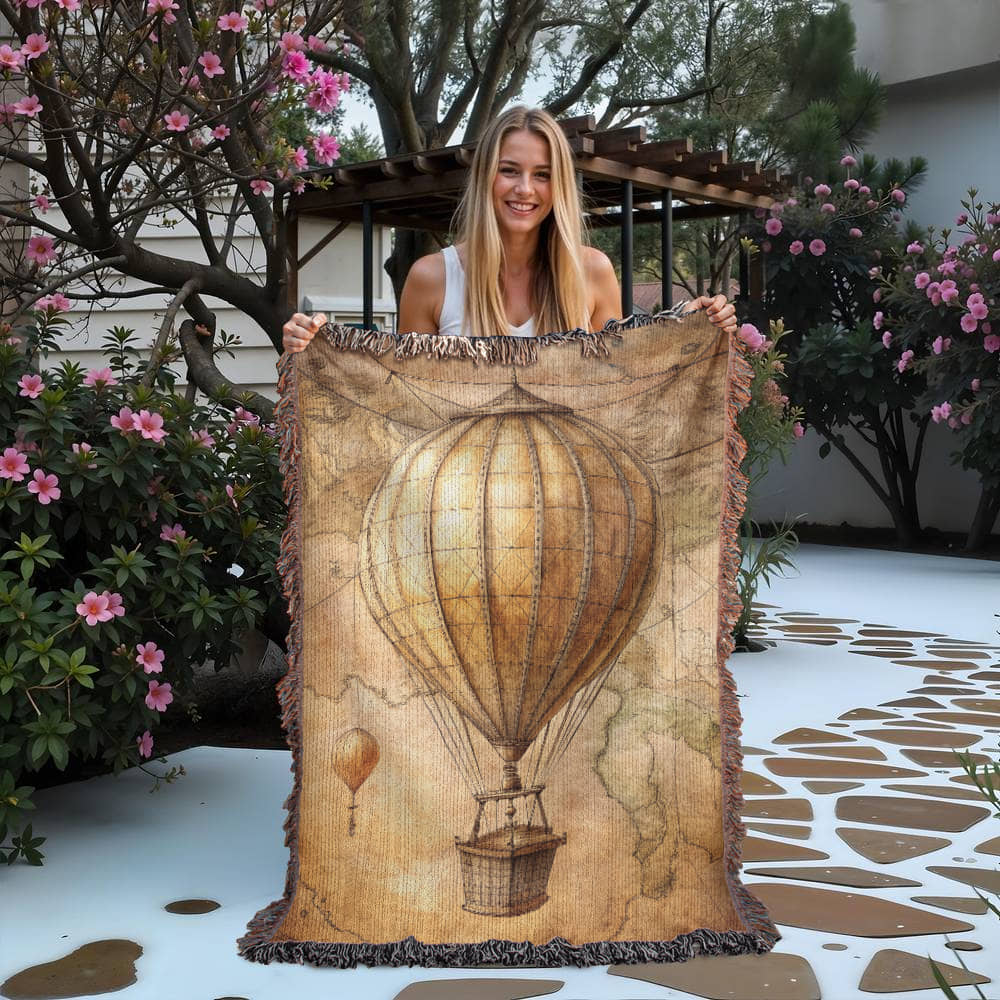 Vintage Hot Air Balloon Woven Blanket | Comfy throw for travel and adventure