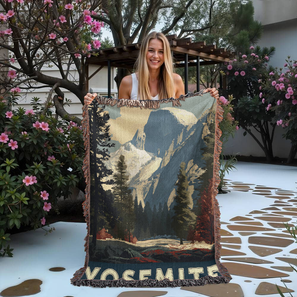 Yosemite National Park Half Dome WPA Style Woven Blanket | Cozy Throw for Cool Days