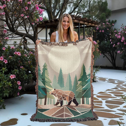 Wilderness Bear Geometric Forest Woven Blanket | Cozy Throw for Nature and Adventure Lovers