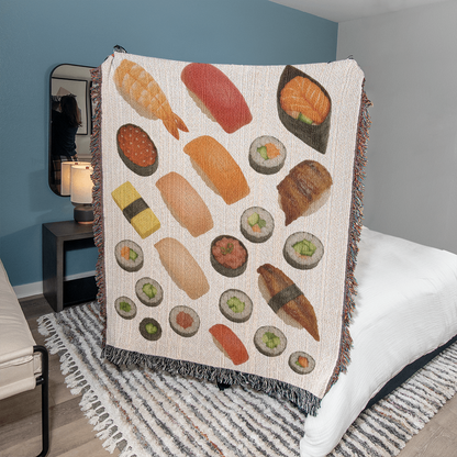 Sushi Assortment Woven Blanket | Cozy throw for foodies and sushi lovers