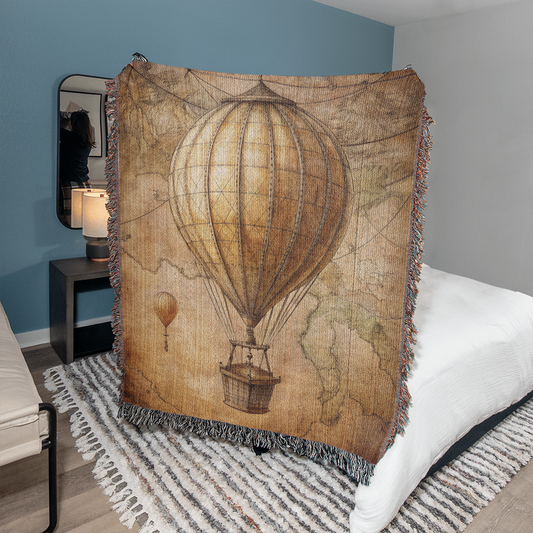 Vintage Hot Air Balloon Woven Blanket | Comfy throw for travel and adventure