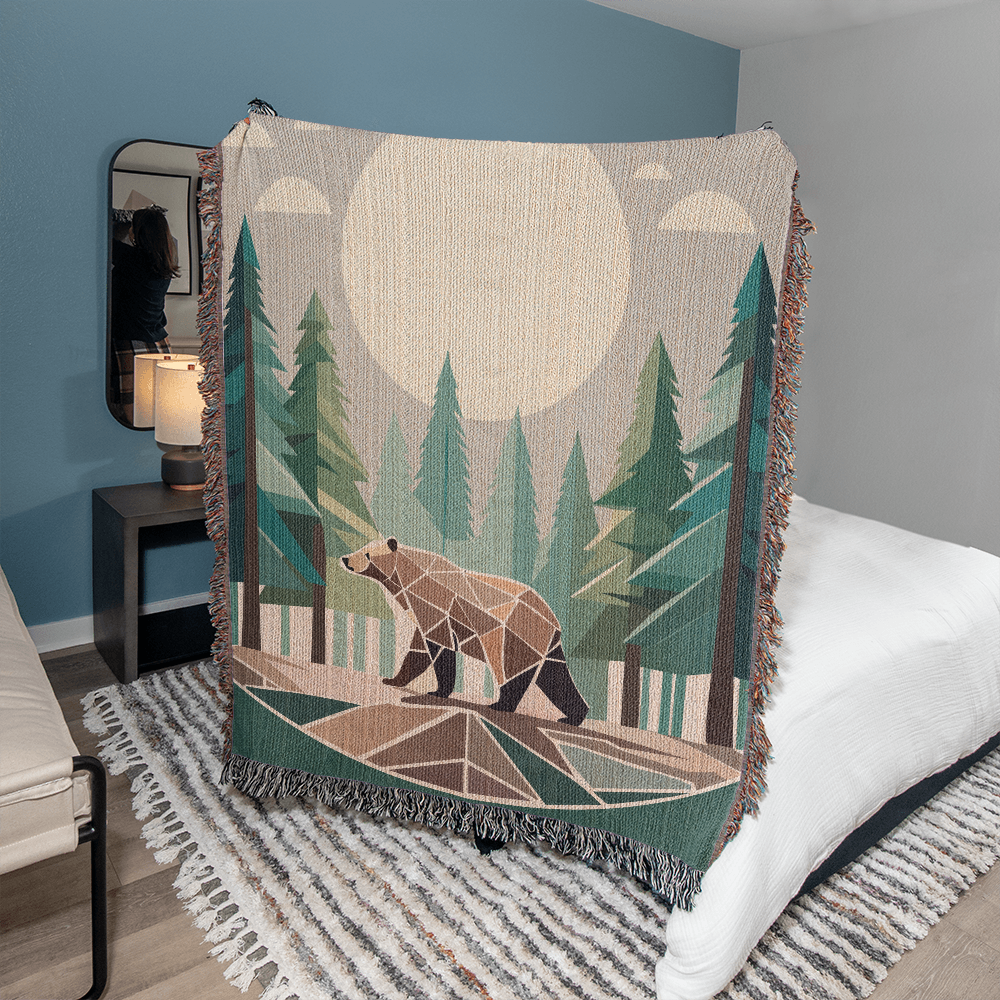 Wilderness Bear Geometric Forest Woven Blanket | Cozy Throw for Nature and Adventure Lovers