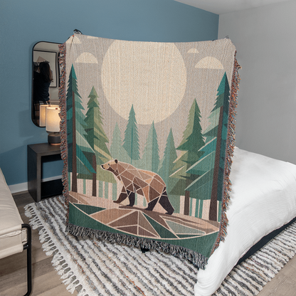 Wilderness Bear Geometric Forest Woven Blanket | Cozy Throw for Nature and Adventure Lovers