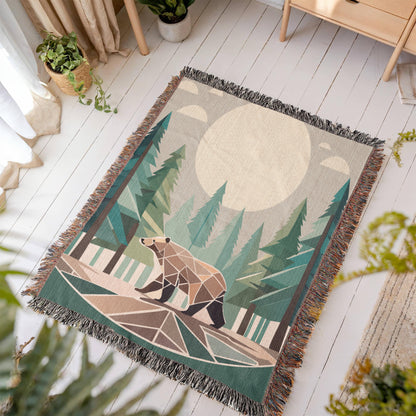 Wilderness Bear Geometric Forest Woven Blanket | Cozy Throw for Nature and Adventure Lovers