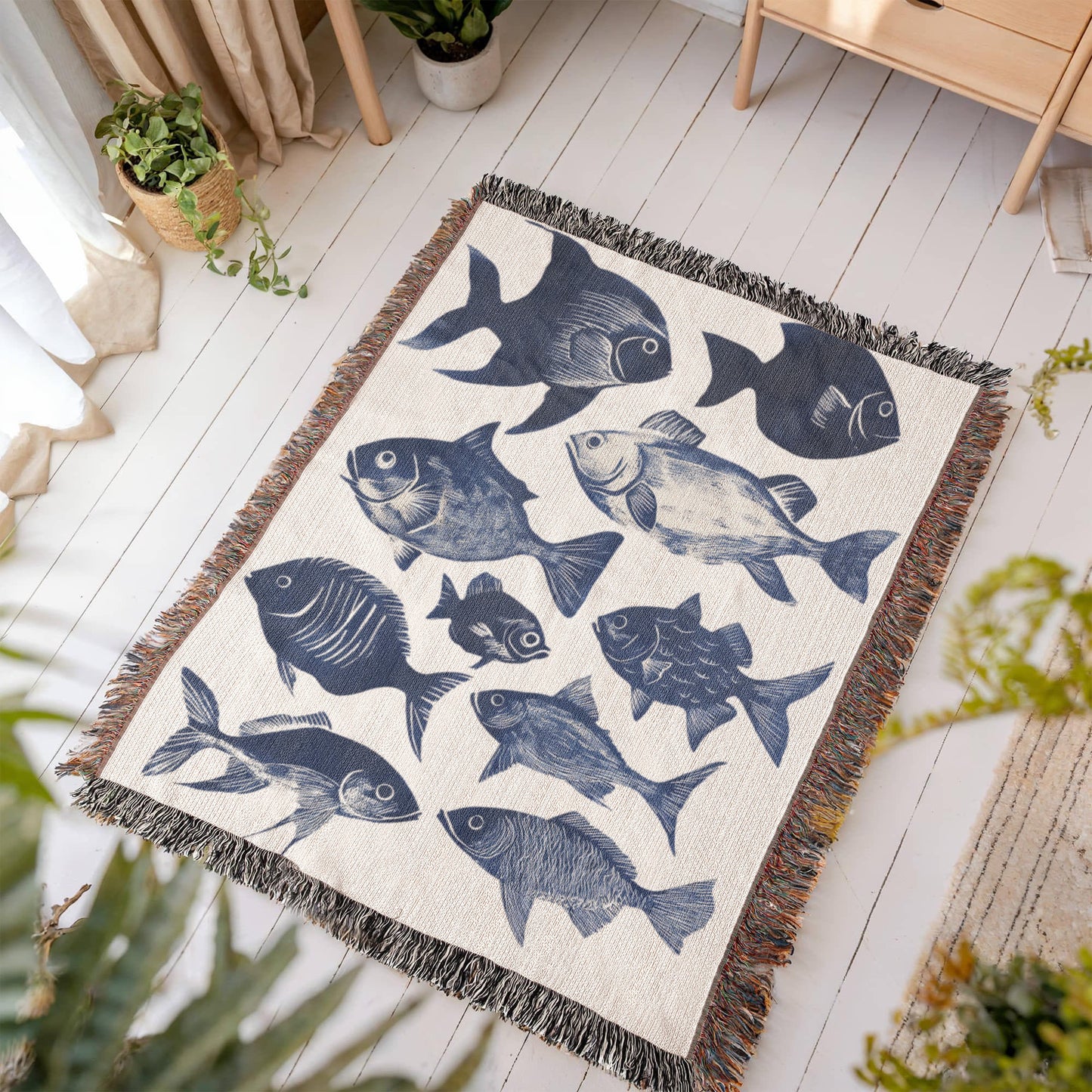 Blue Fish  Woven Blanket | Comfy throw for lake life