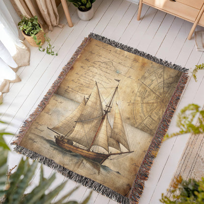 Vintage Sailboat Woven Blanket | Comfy throw for travel and adventure