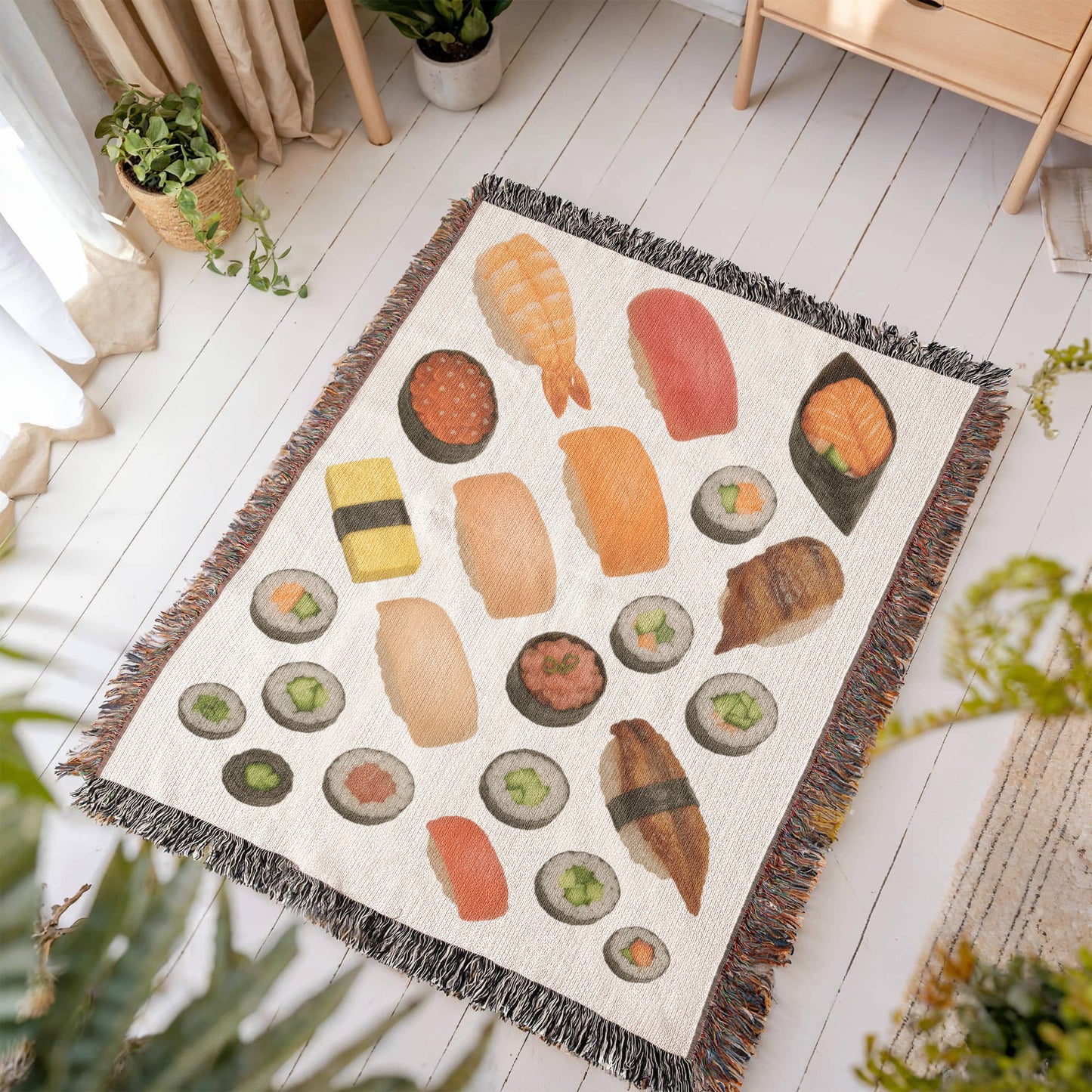 Sushi Assortment Woven Blanket | Cozy throw for foodies and sushi lovers