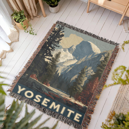 Yosemite National Park Half Dome WPA Style Woven Blanket | Cozy Throw for Cool Days