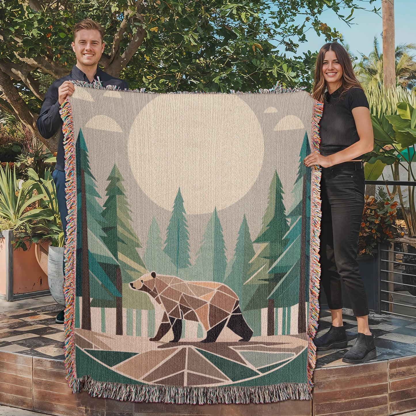 Wilderness Bear Geometric Forest Woven Blanket | Cozy Throw for Nature and Adventure Lovers