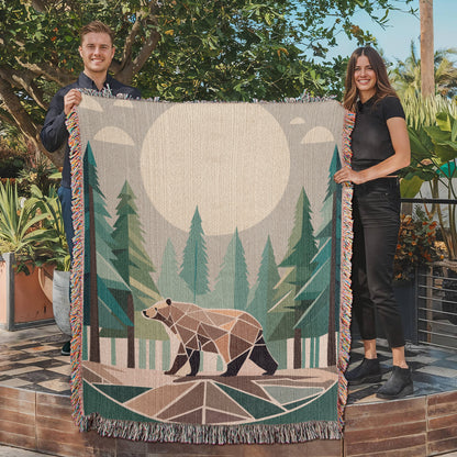 Wilderness Bear Geometric Forest Woven Blanket | Cozy Throw for Nature and Adventure Lovers