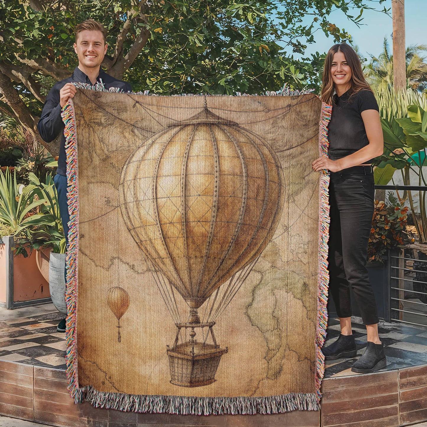 Vintage Hot Air Balloon Woven Blanket | Comfy throw for travel and adventure