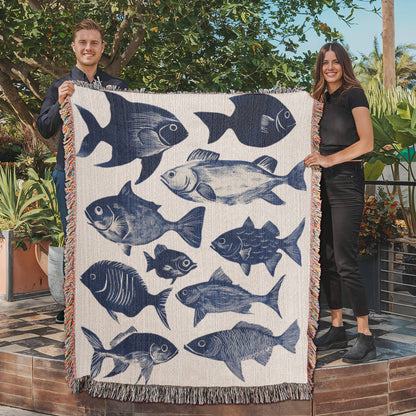 Blue Fish  Woven Blanket | Comfy throw for lake life