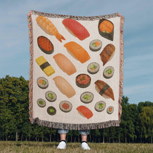 Sushi Assortment Woven Blanket | Cozy throw for foodies and sushi lovers